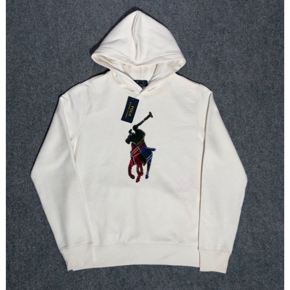 NWT Polo Ralph Lauren Big Pony Plaid Patchwork Cream Hoodie Youth XL 18-20